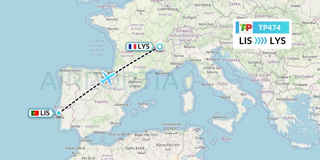 TP474 TAP Portugal Flight Map: Lisbon to Lyon
