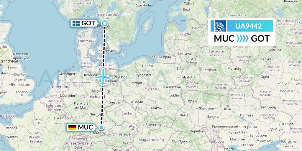 UA9442 United Airlines Flight Map: Munich to Gothenburg