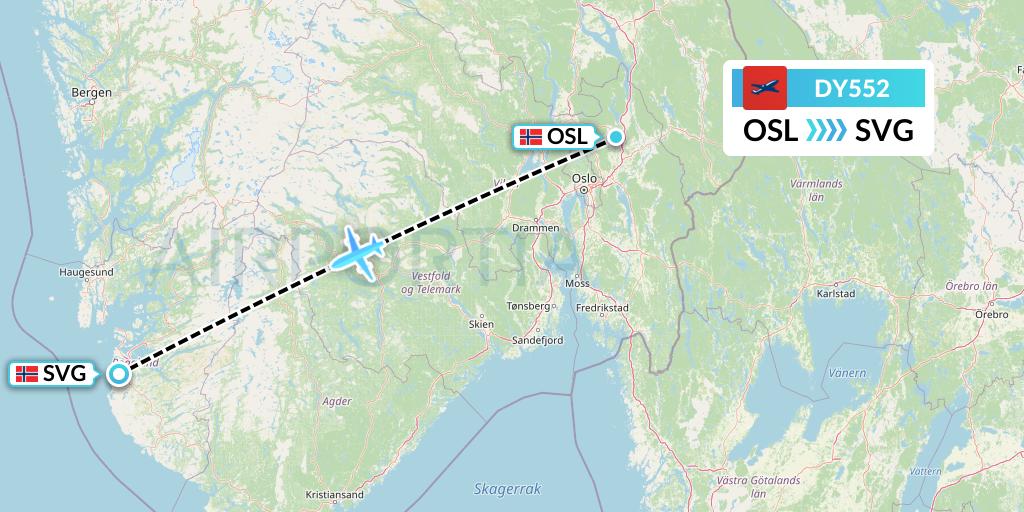 DY552 Norwegian Flight Map: Oslo to Stavanger