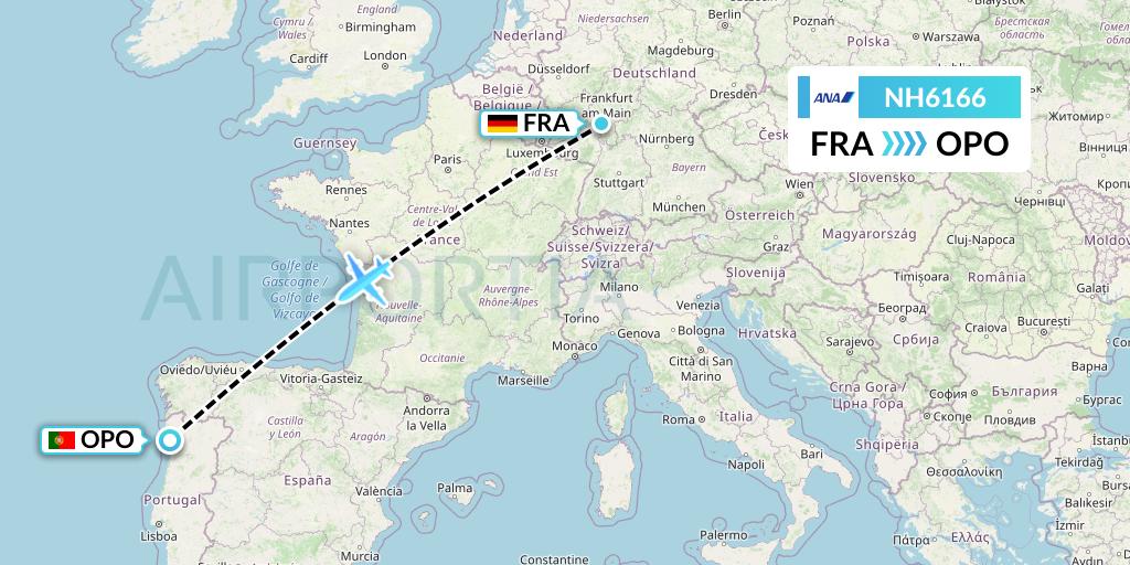 NH6166 All Nippon Airways Flight Map: Frankfurt to Porto