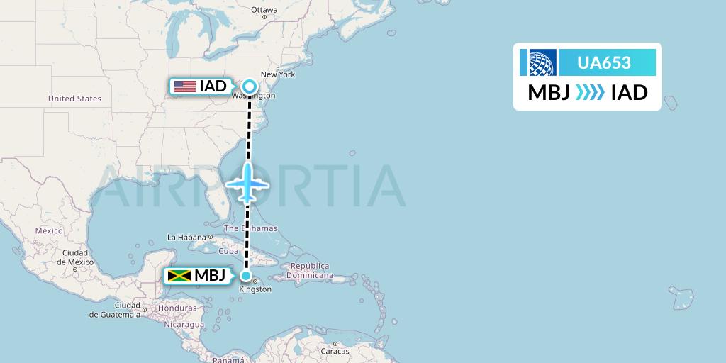 UA653 United Airlines Flight Map: Montego Bay to Washington