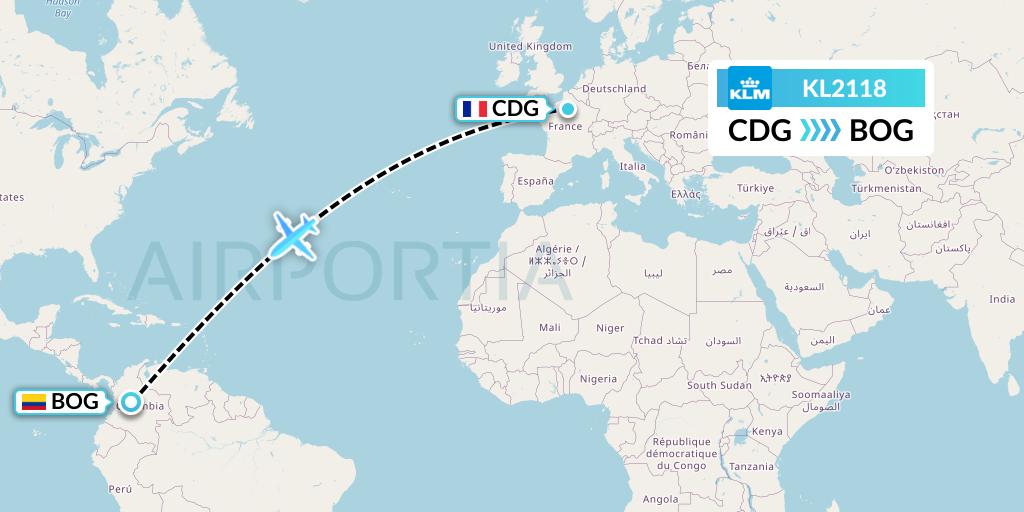 KL2118 KLM Flight Map: Paris to Bogota