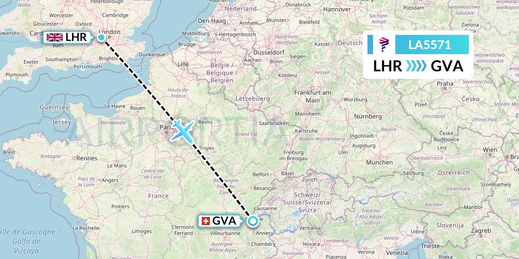 LA5571 LAN Airlines Flight Map: London to Geneva