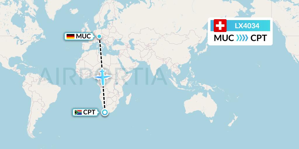 LX4034 Swiss Flight Map: Munich to Cape Town