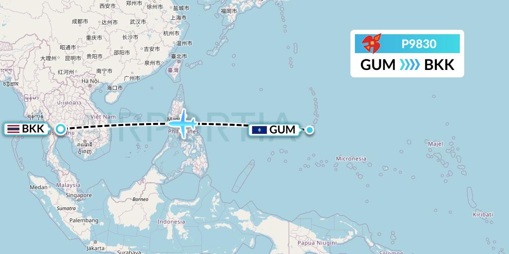 P9830 Asia Pacific Airlines Flight Map: Guam to Bangkok
