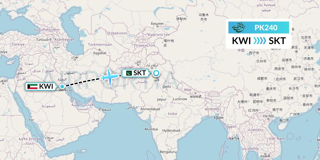 PK240 Pakistan International Airlines Flight Map: Kuwait City to Sialkot