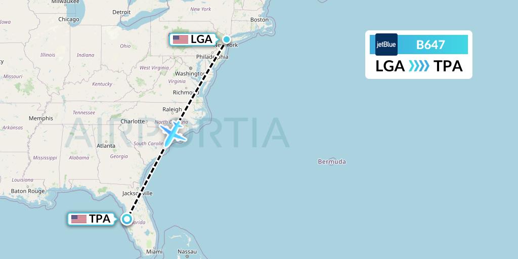 B647 JetBlue Airways Flight Map: New York to Tampa