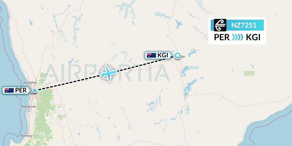 NZ7251 Air New Zealand Flight Map: Perth to Kalgoorlie