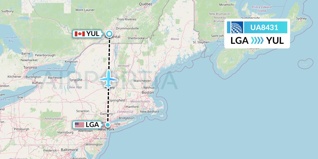 UA8431 United Airlines Flight Map: New York to Montreal