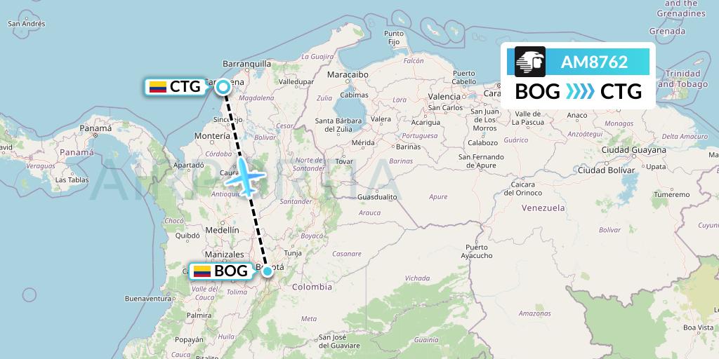 AM8762 Aeromexico Flight Map: Bogota to Cartagena