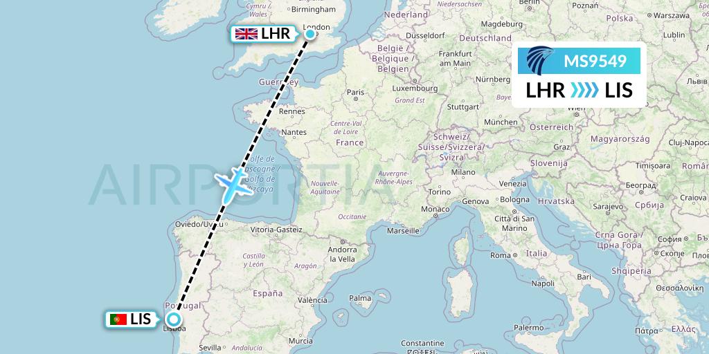 MS9549 EgyptAir Flight Map: London to Lisbon