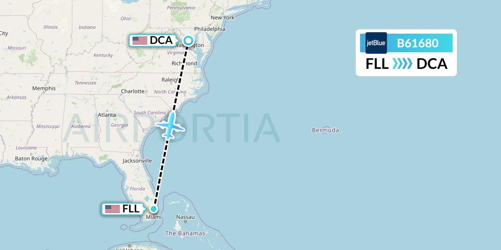 B61680 JetBlue Airways Flight Map: Fort Lauderdale to Washington