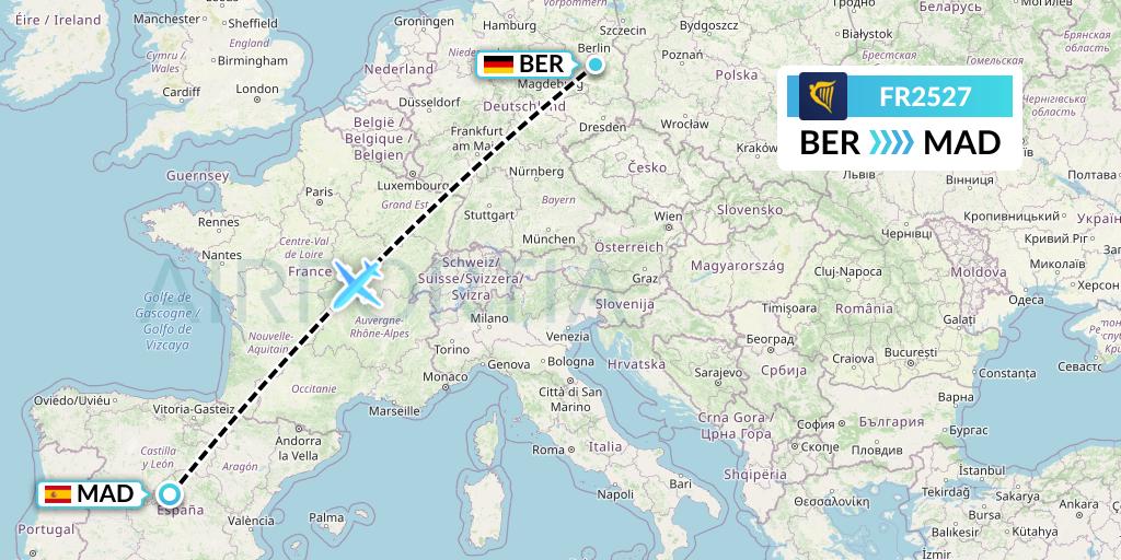 FR2527 Ryanair Flight Map: Berlin to Madrid