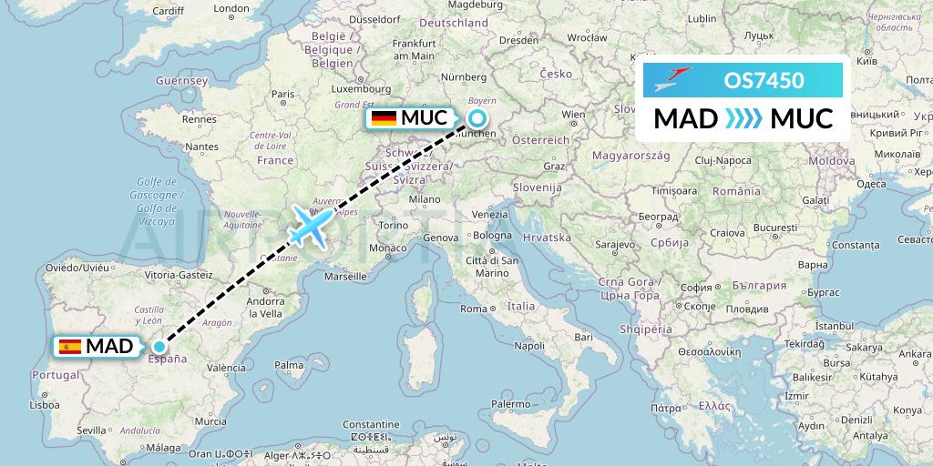 OS7450 Austrian Airlines Flight Map: Madrid to Munich