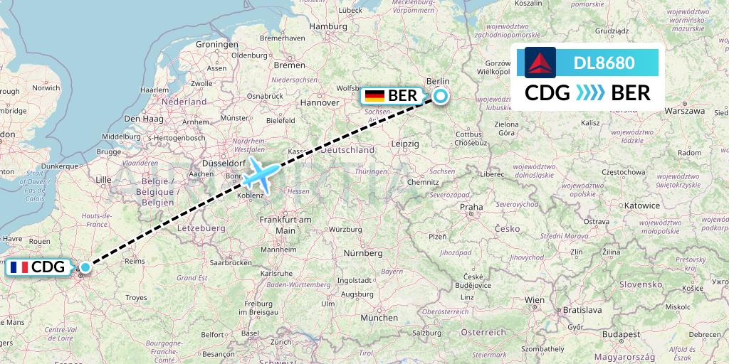 DL8680 Delta Air Lines Flight Map: Paris to Berlin