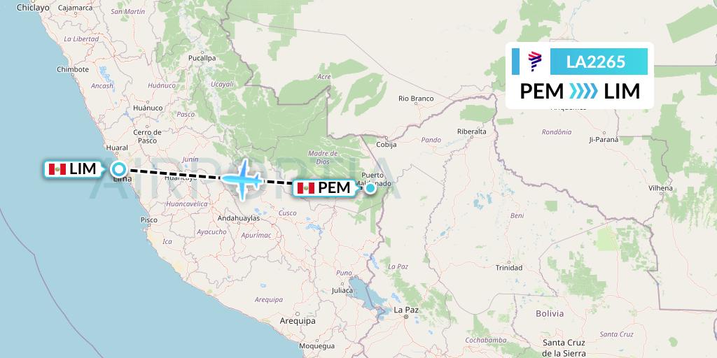 LA2265 LAN Airlines Flight Map: Puerto Maldonado to Lima