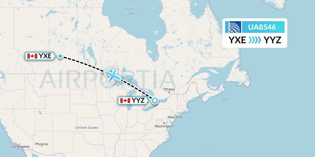 UA8546 United Airlines Flight Map: Saskatoon to Toronto