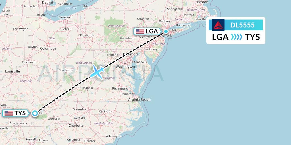 DL5555 Delta Air Lines Flight Map: New York to Knoxville