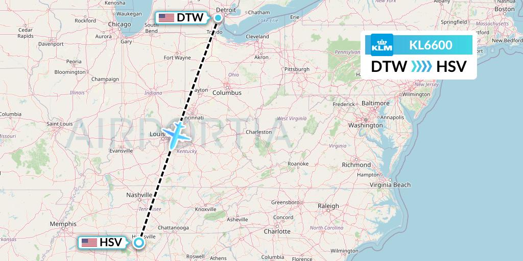 KL6600 KLM Flight Map: Detroit to Huntsville