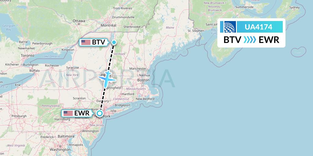 UA4174 United Airlines Flight Map: Burlington to New York
