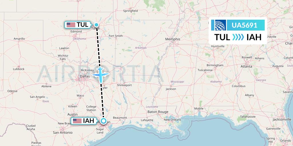 UA5691 United Airlines Flight Map: Tulsa to Houston