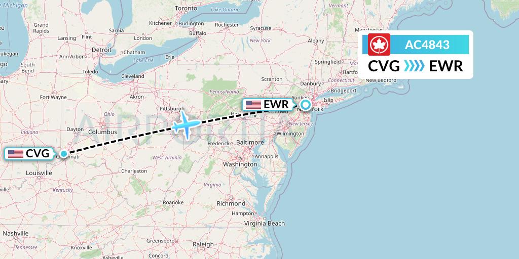 AC4843 Air Canada Flight Map: Cincinnati to New York