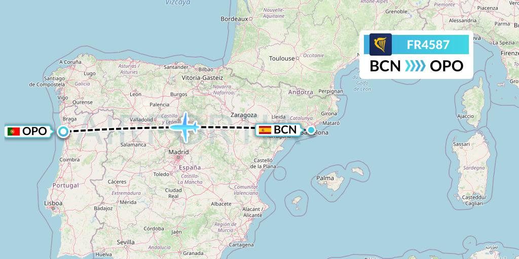 FR4587 Ryanair Flight Map: Barcelona to Porto