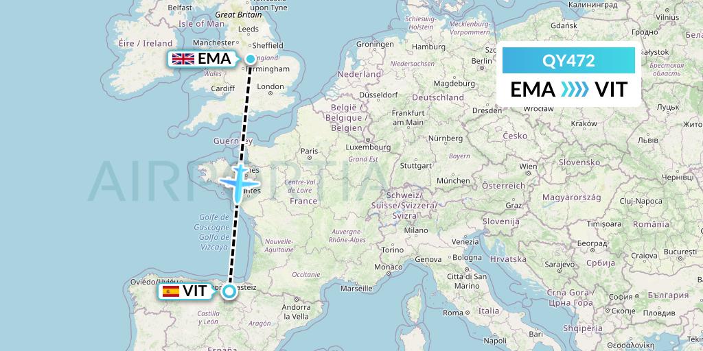 QY472 European Air Transport Flight Map: East Midlands to Vitoria