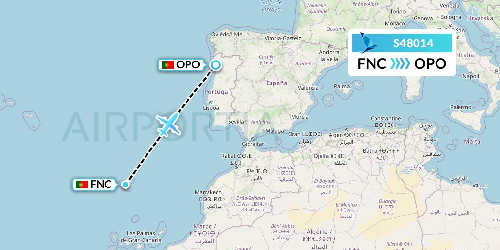 S48014 Azores Airlines Flight Map: Funchal to Porto