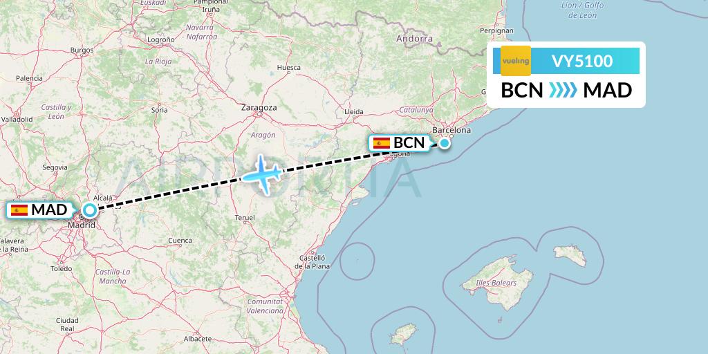 VY5100 Vueling Flight Map: Barcelona to Madrid
