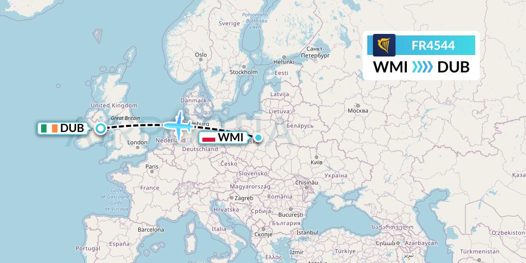 FR4544 Ryanair Flight Map: Warsaw to Dublin