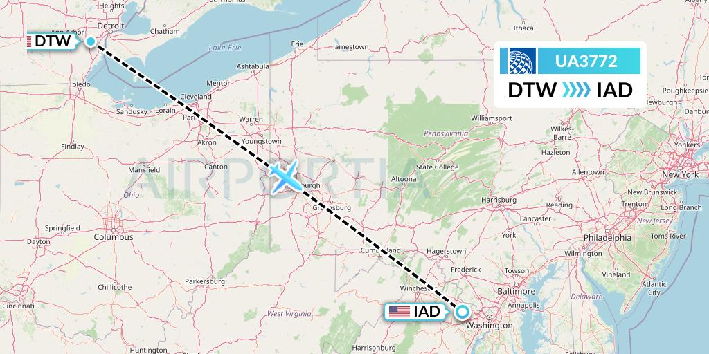 UA3772 United Airlines Flight Map: Detroit to Washington