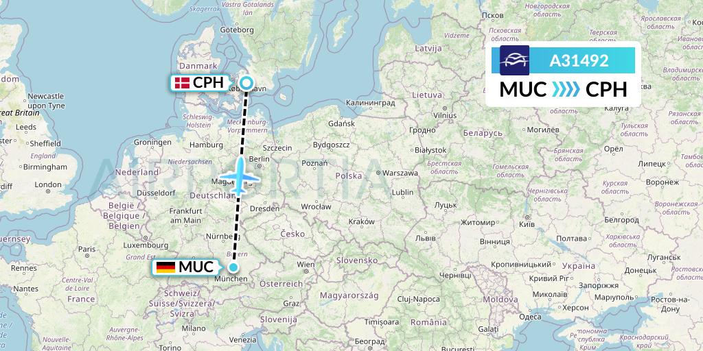 A31492 Aegean Airlines Flight Map: Munich to Copenhagen