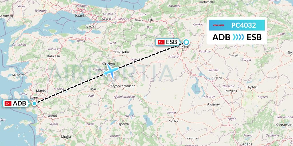 PC4032 Pegasus Airlines Flight Map: Izmir to Ankara