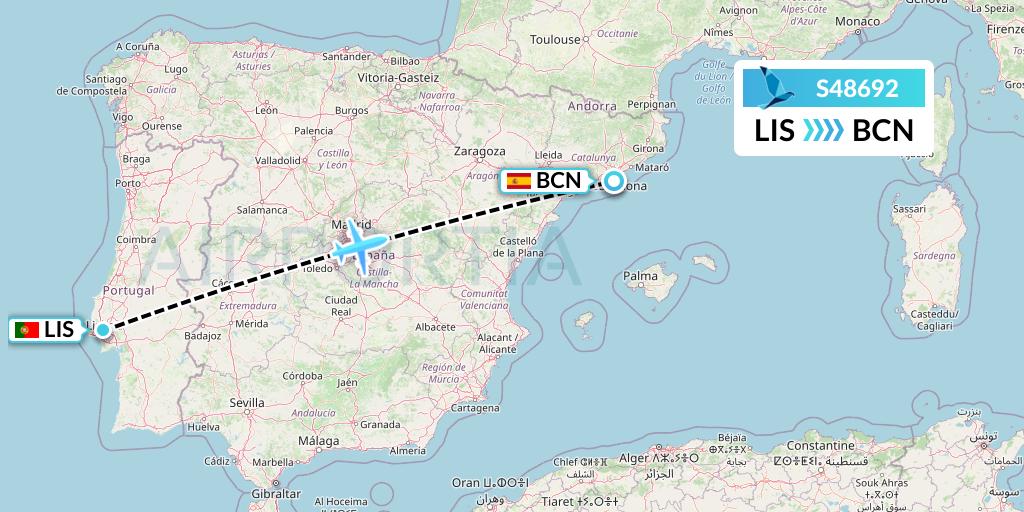 S48692 Azores Airlines Flight Map: Lisbon to Barcelona