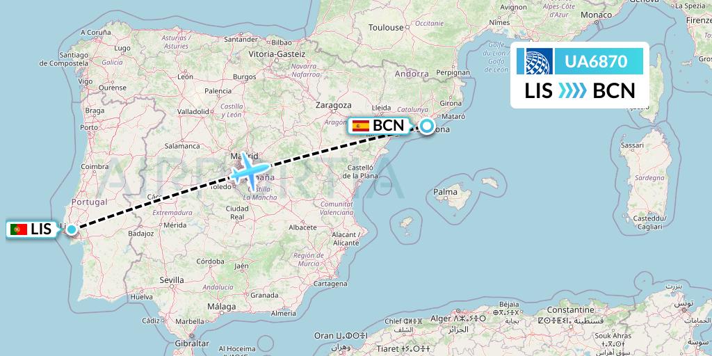 UA6870 United Airlines Flight Map: Lisbon to Barcelona