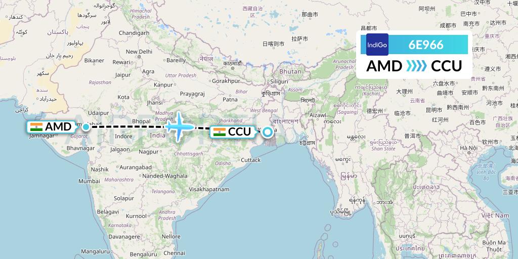6E966 IndiGo Airlines Flight Map: Ahmedabad to Kolkata