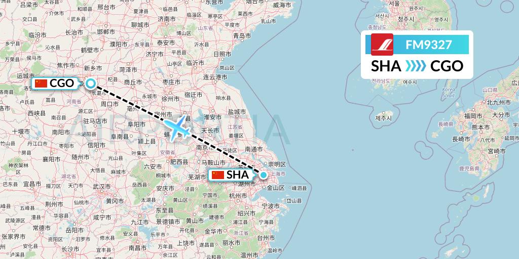 FM9327 Shanghai Airlines Flight Map: Shanghai to Zhengzhou
