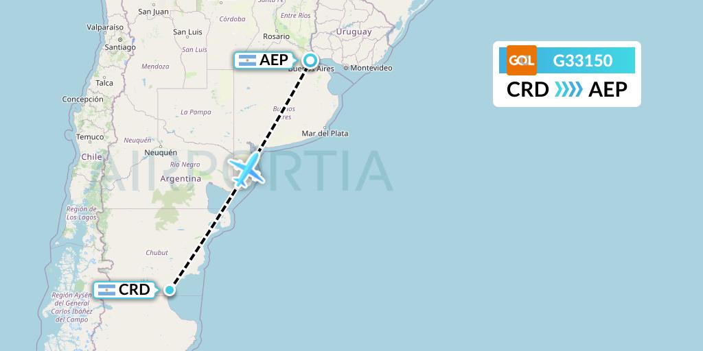 G33150 GOL Transportes Aeros Flight Map: Comodoro Rivadavia to Buenos Aires
