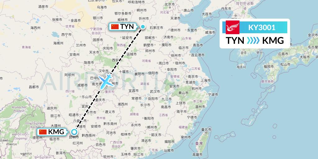 KY3001 Kunming Airlines Flight Map: Taiyuan to Kunming
