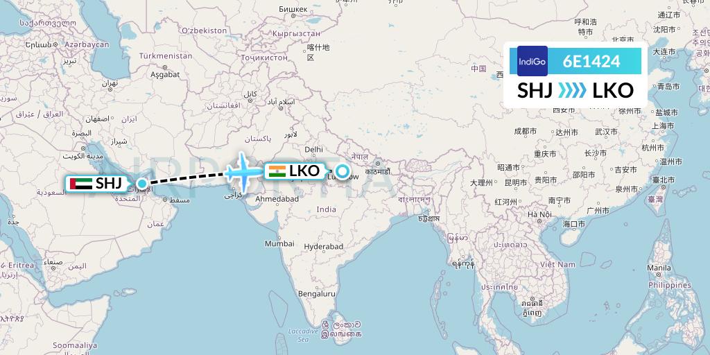 6E1424 IndiGo Airlines Flight Map: Sharjah to Lucknow