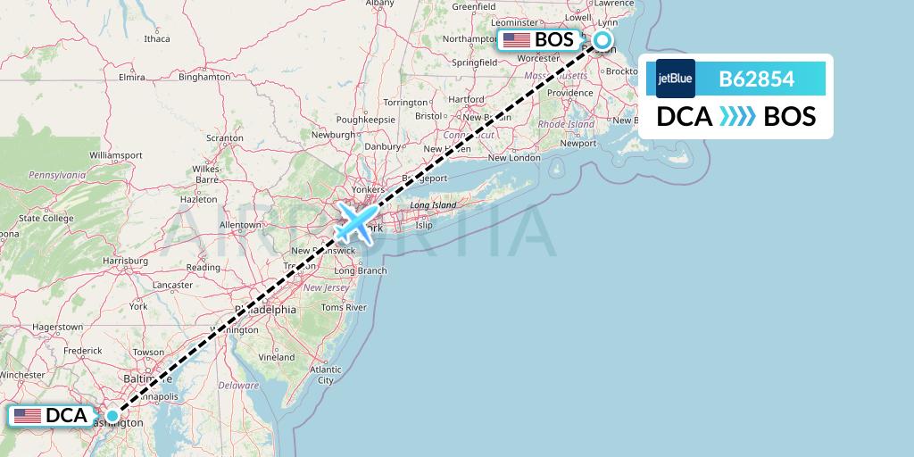 B62854 JetBlue Airways Flight Map: Washington to Boston