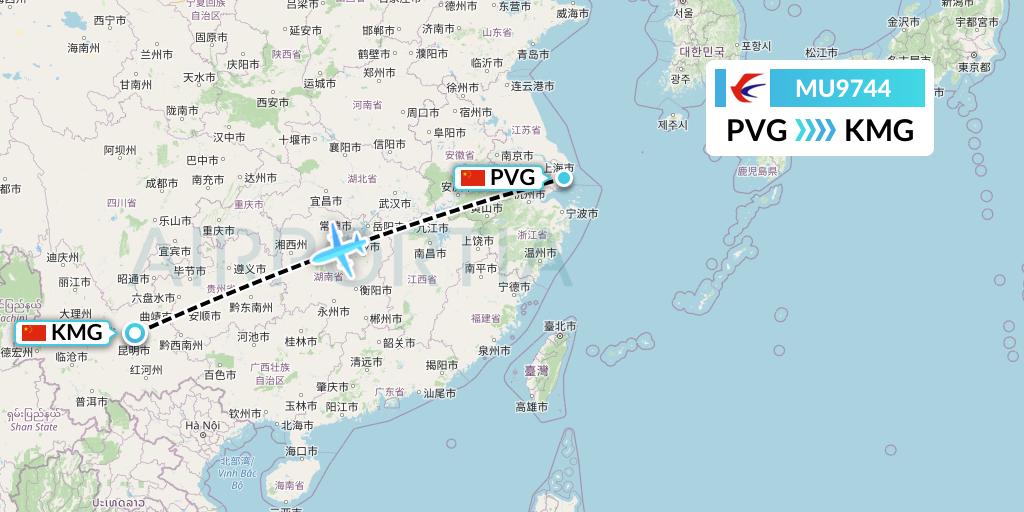 MU9744 China Eastern Airlines Flight Map: Shanghai to Kunming