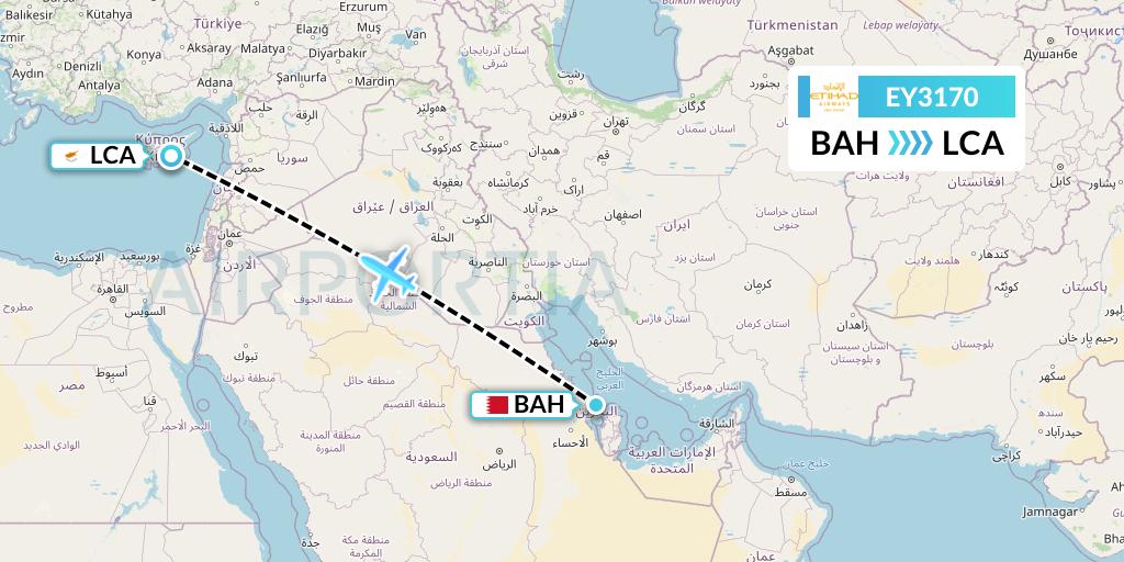 EY3170 Etihad Airways Flight Map: Bahrain to Larnaca