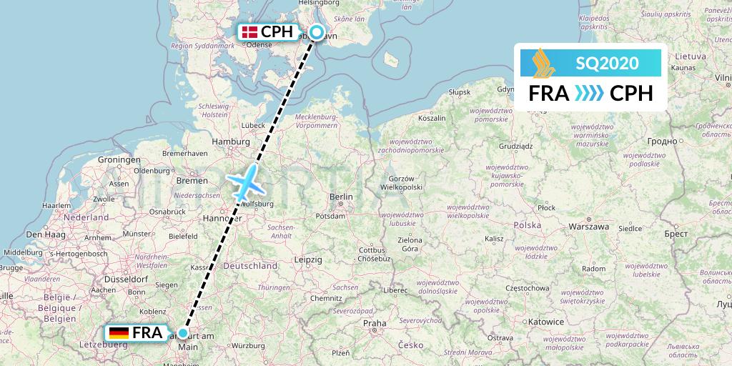 SQ2020 Singapore Airlines Flight Map: Frankfurt to Copenhagen