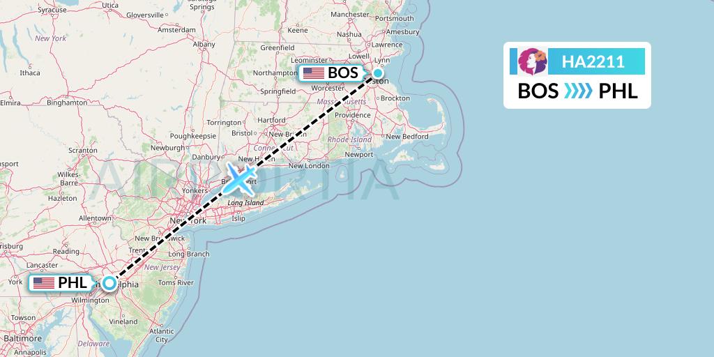 HA2211 Hawaiian Airlines Flight Map: Boston to Philadelphia