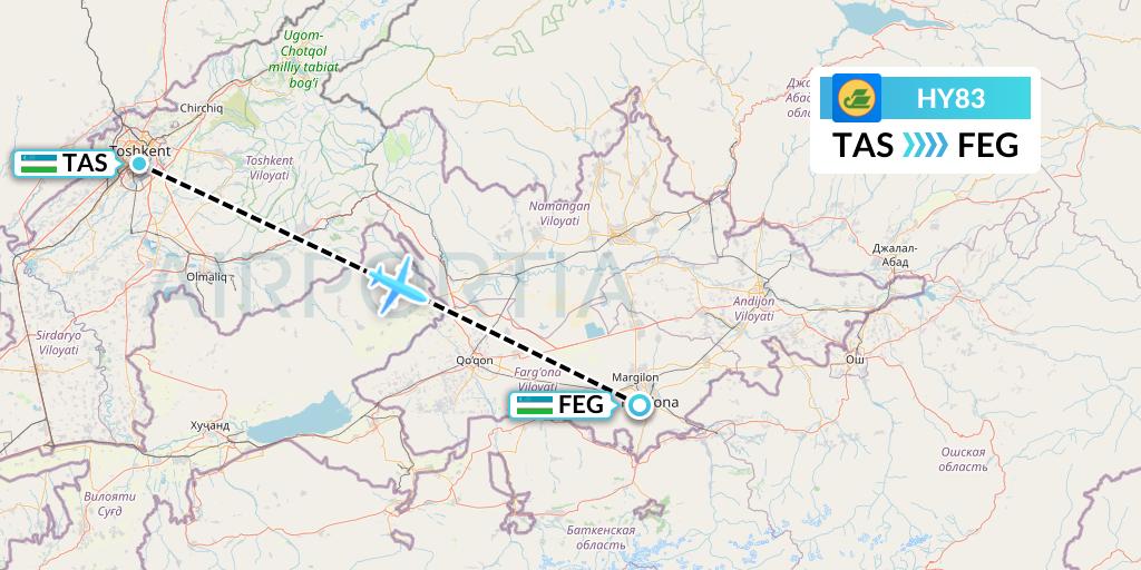 HY83 Uzbekistan Airways Flight Map: Tashkent to Fergana