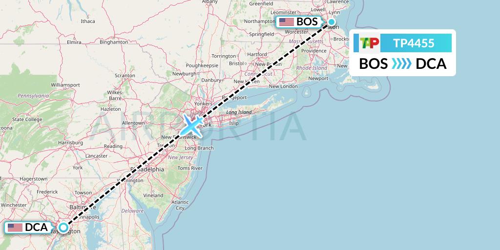 TP4455 TAP Portugal Flight Map: Boston to Washington
