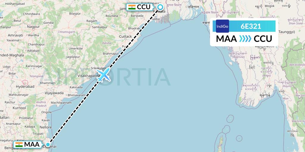 6E321 IndiGo Airlines Flight Map: Chennai to Kolkata