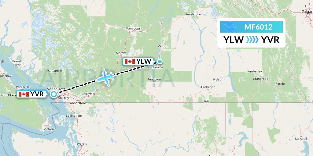 MF6012 Xiamen Airlines Flight Map: Kelowna to Vancouver